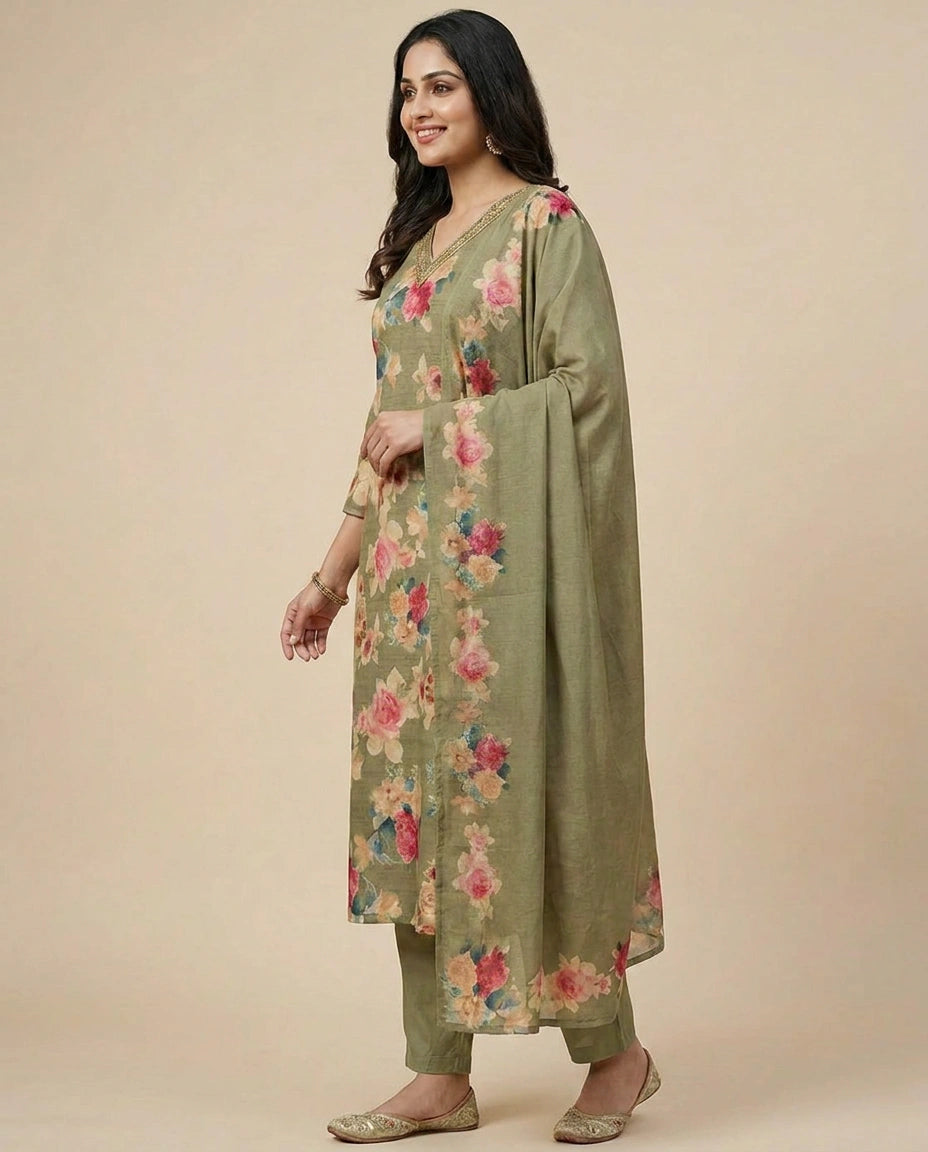 Pista Green Cotton Straight Suit for Women - Festive Wear