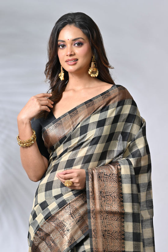 Beige & Black Cotton Sarees