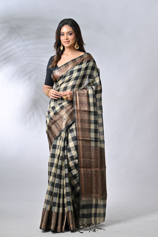 Beige & Black Cotton Sarees