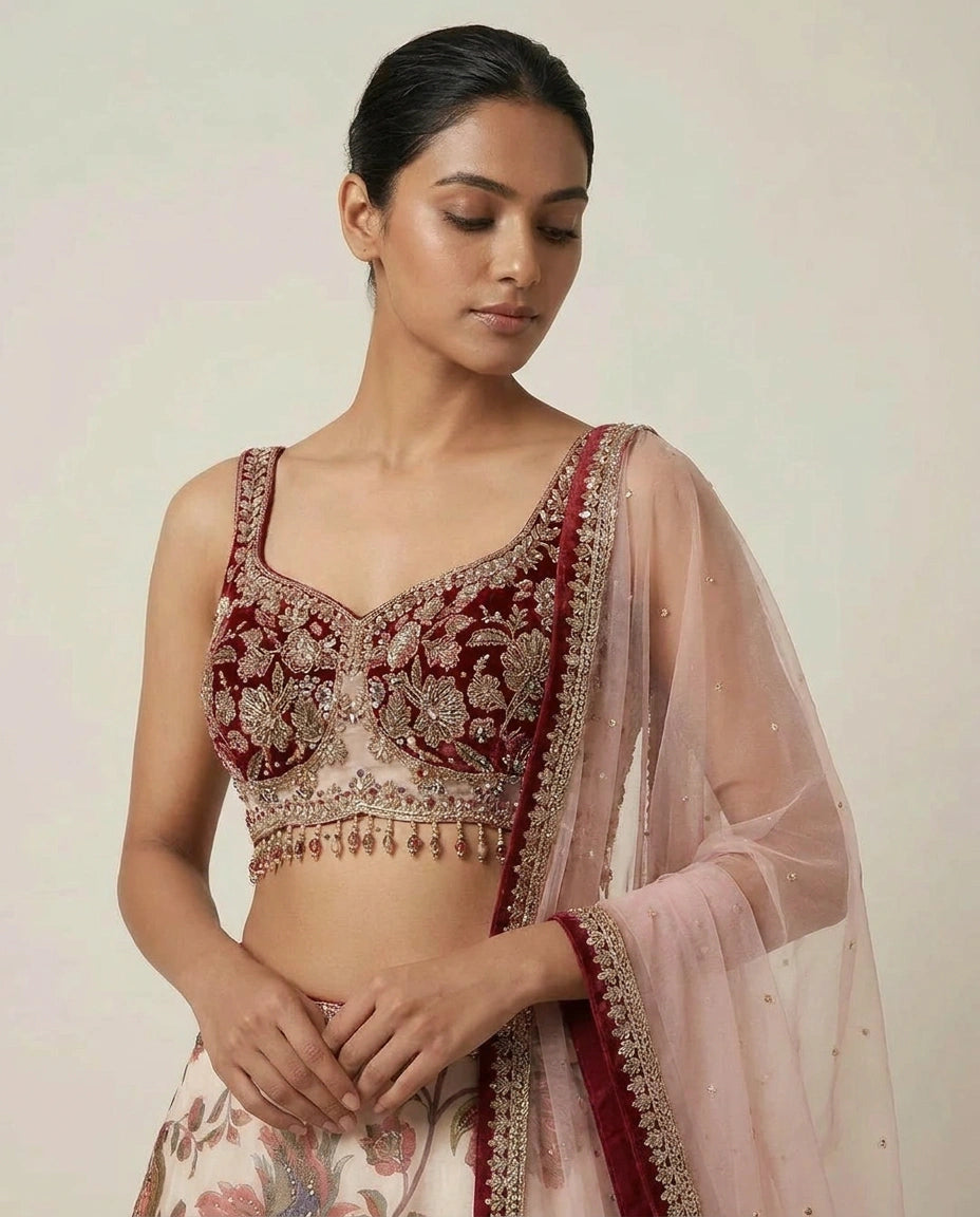 Pink Maroon Tissue Lehenga Set for Bridal Occasions