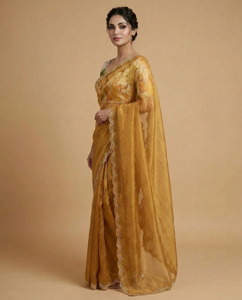 Tissue Saree with Zari Woven Floral Motifs Online India - Rangoli India