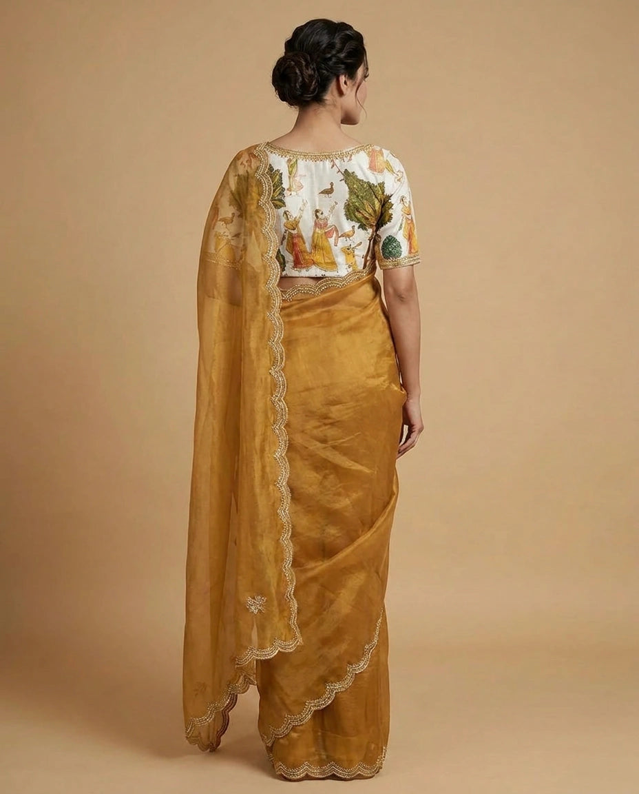 Tissue Saree with Zari Woven Floral Motifs Online India - Rangoli India