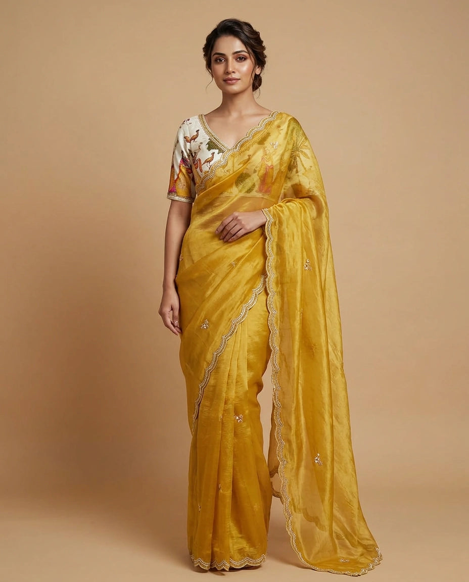 Tissue Saree with Zari Woven Floral Motifs Online India - Rangoli India