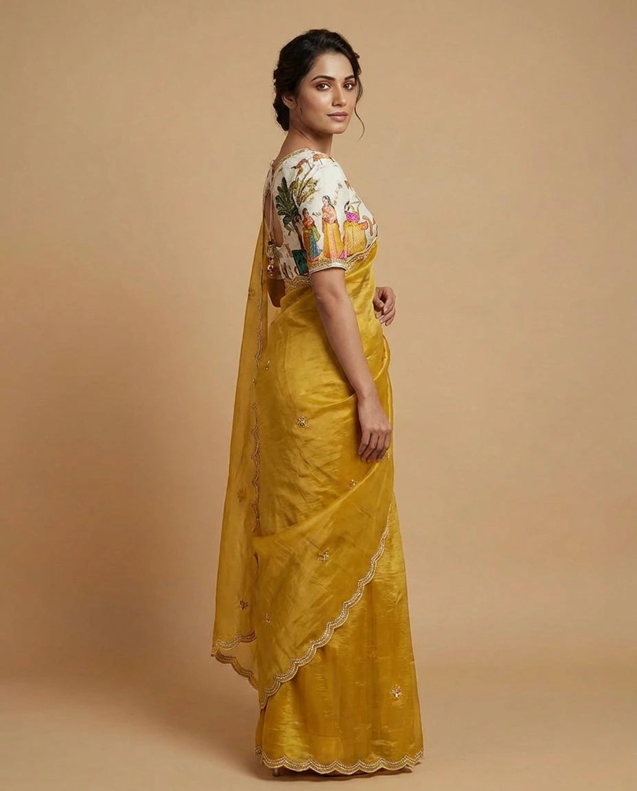 Tissue Saree with Zari Woven Floral Motifs Online India - Rangoli India