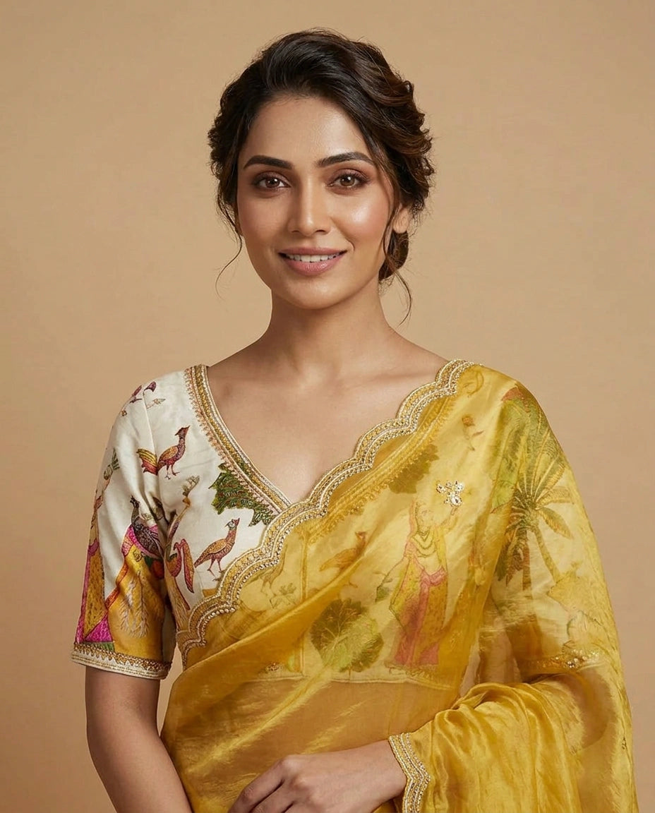 Tissue Saree with Zari Woven Floral Motifs Online India - Rangoli India