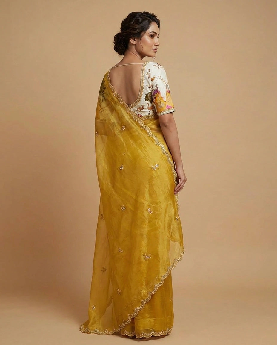 Tissue Saree with Zari Woven Floral Motifs Online India - Rangoli India