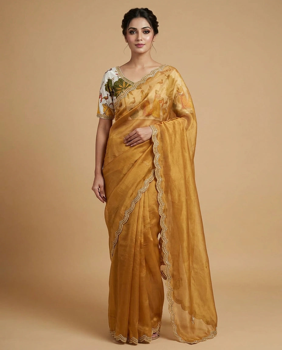 Tissue Saree with Zari Woven Floral Motifs Online India - Rangoli India
