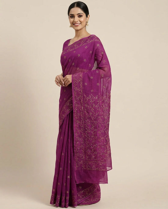 Cotton Embroidered Saree with Scalloped Border - Rangoli India