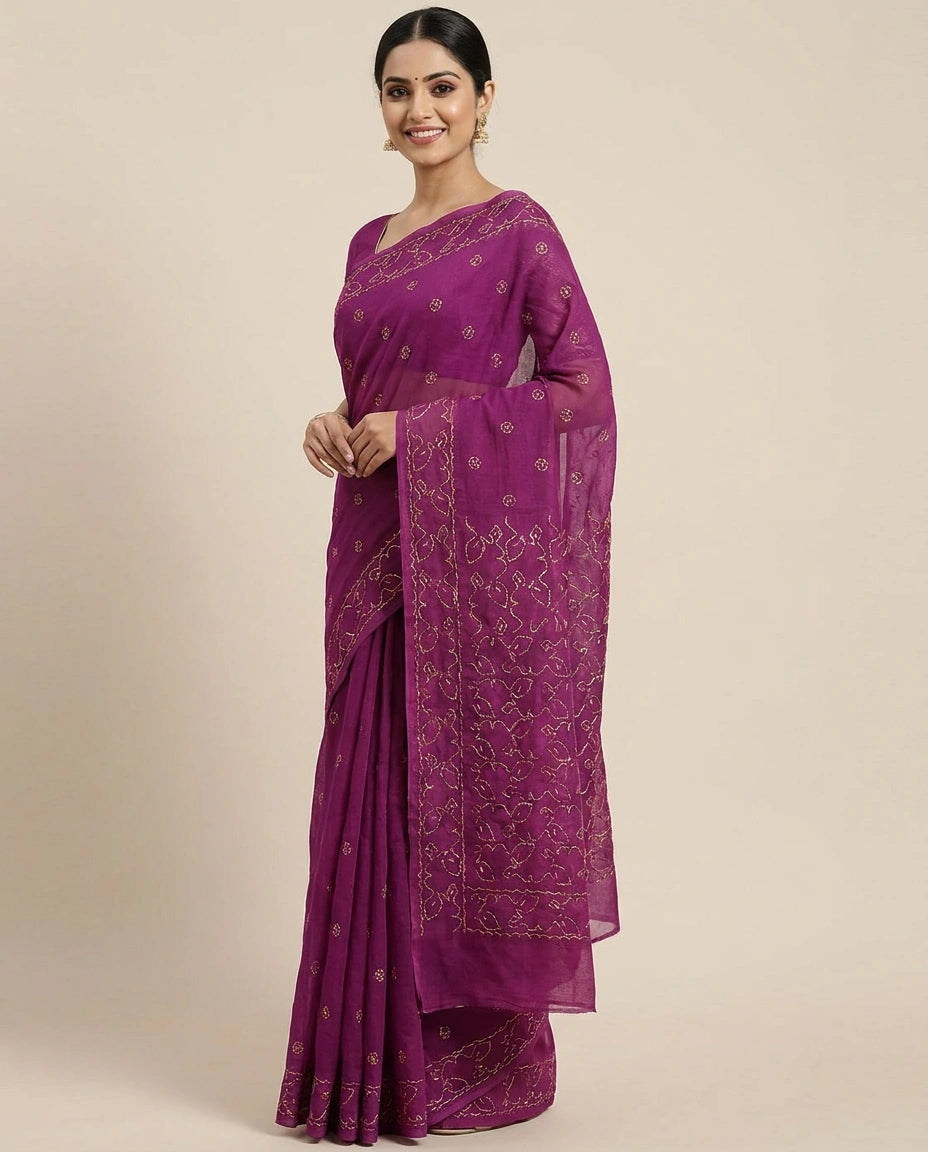 Cotton Embroidered Saree with Scalloped Border - Rangoli India