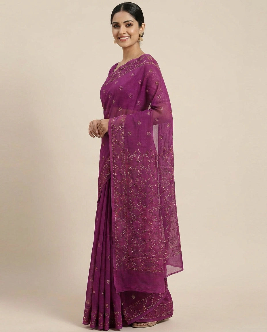 Cotton Embroidered Saree with Scalloped Border - Rangoli India