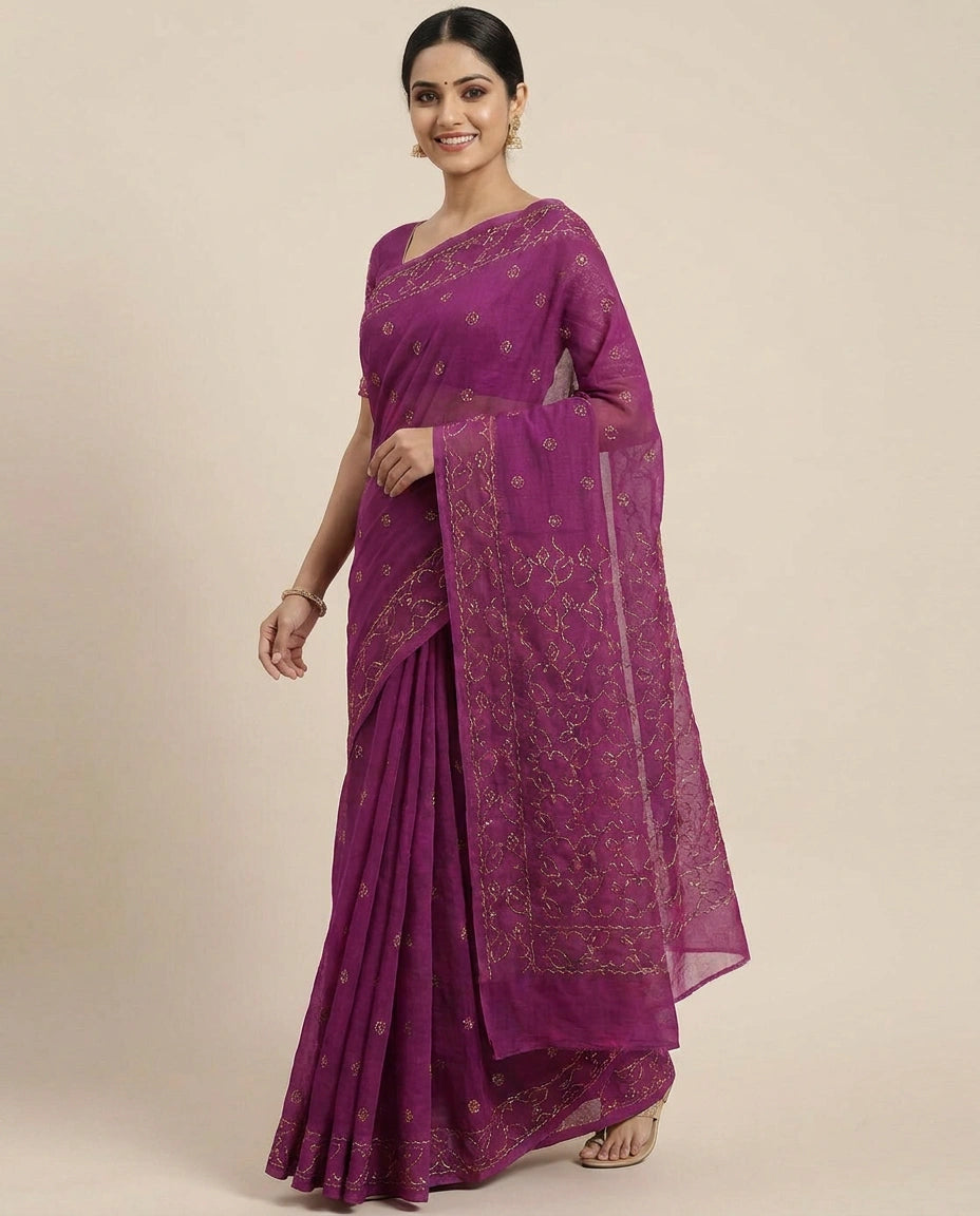 Cotton Embroidered Saree with Scalloped Border - Rangoli India