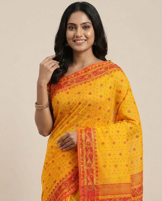 Cotton Embroidered Saree with Striped Pallu - Rangoli India