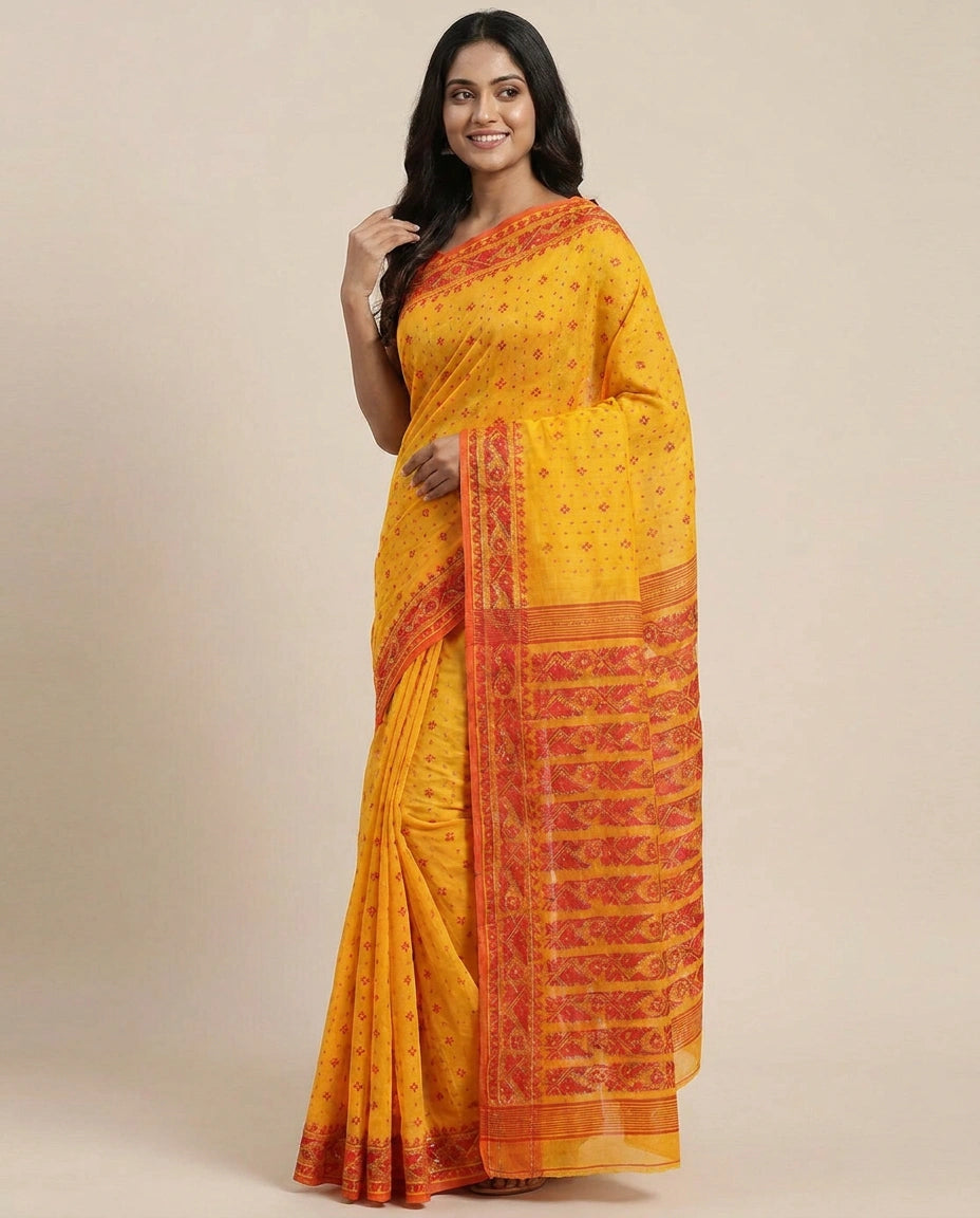 Cotton Embroidered Saree with Striped Pallu - Rangoli India
