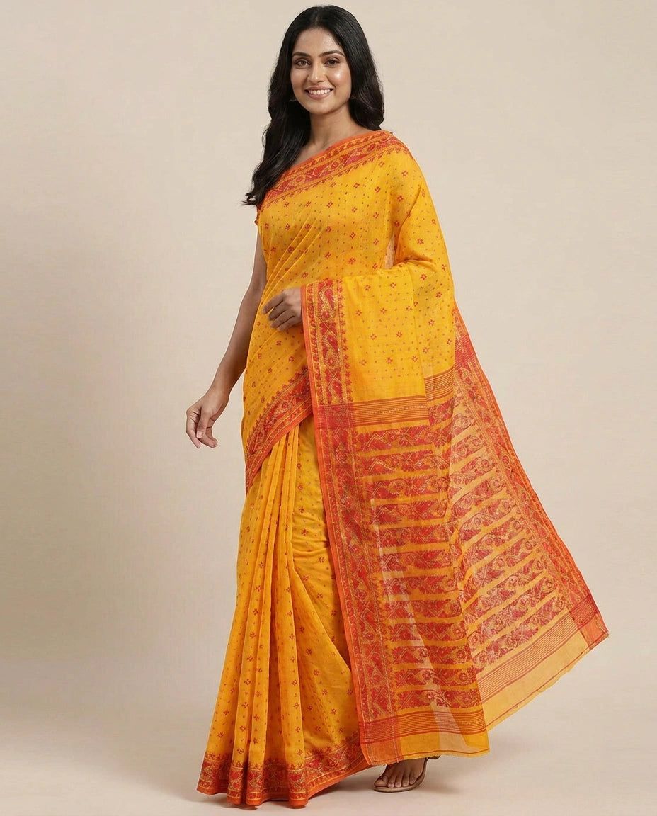 Cotton Embroidered Saree with Striped Pallu - Rangoli India