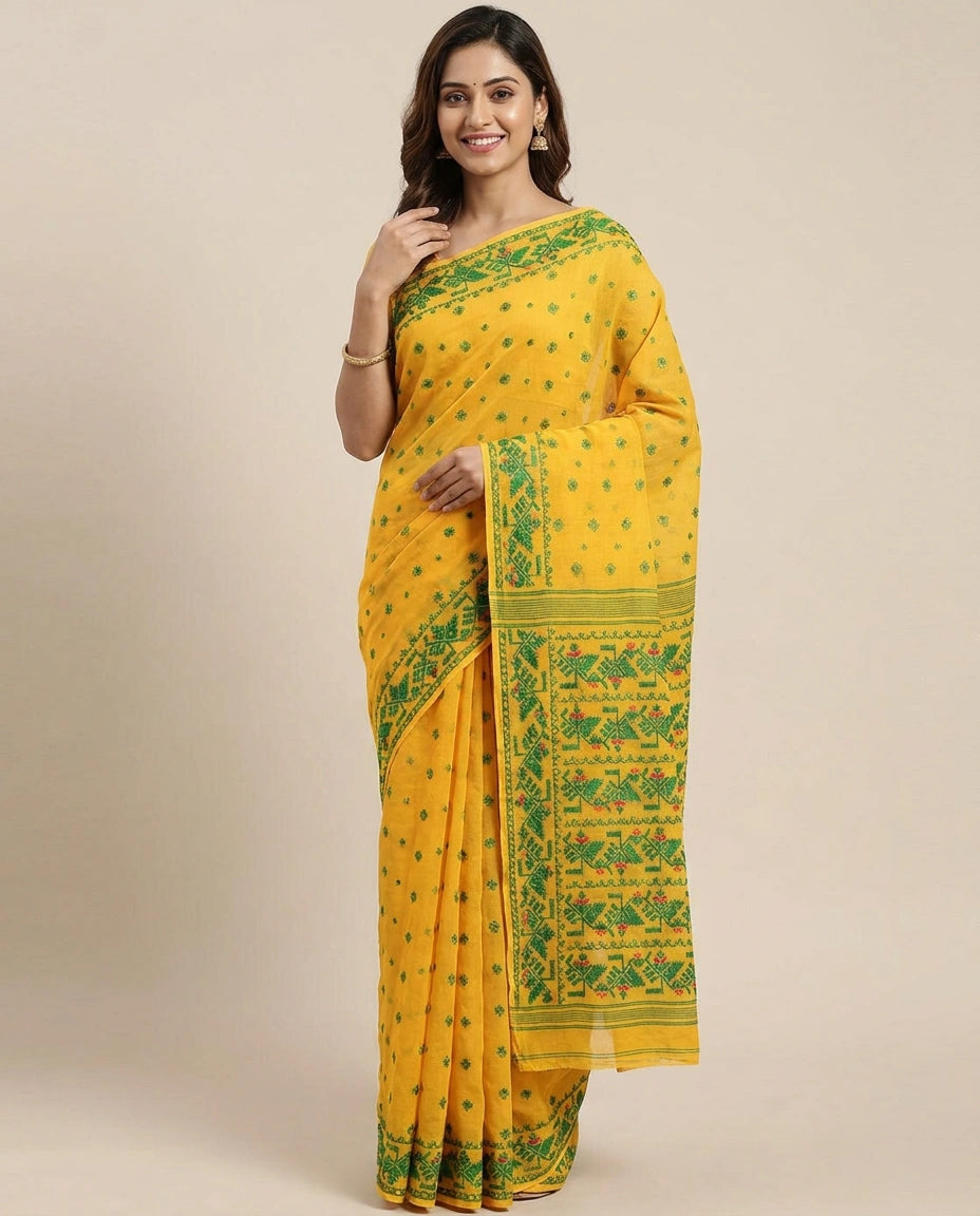 Cotton Embroidered Saree with Striped Pallu - Rangoli India