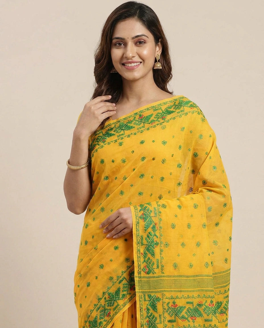 Cotton Embroidered Saree with Striped Pallu - Rangoli India