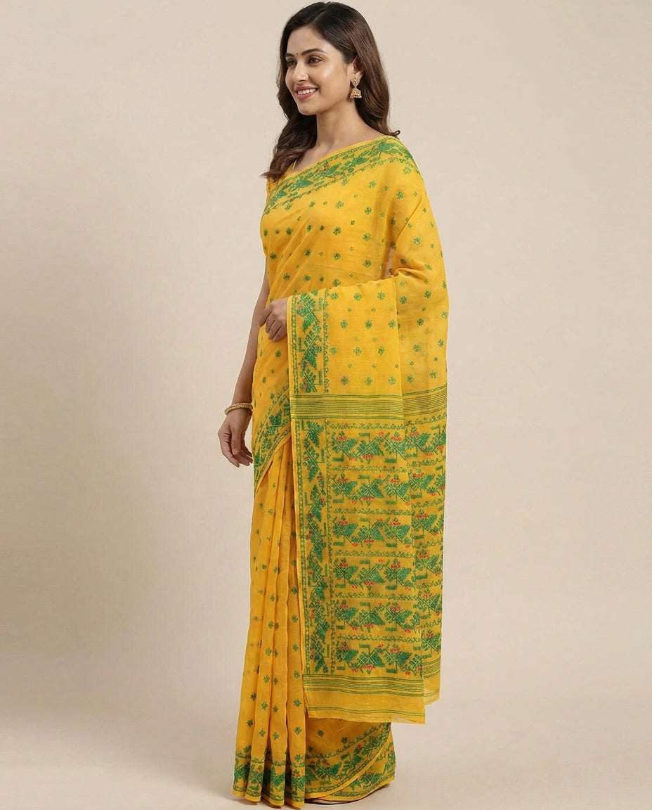 Cotton Embroidered Saree with Striped Pallu - Rangoli India