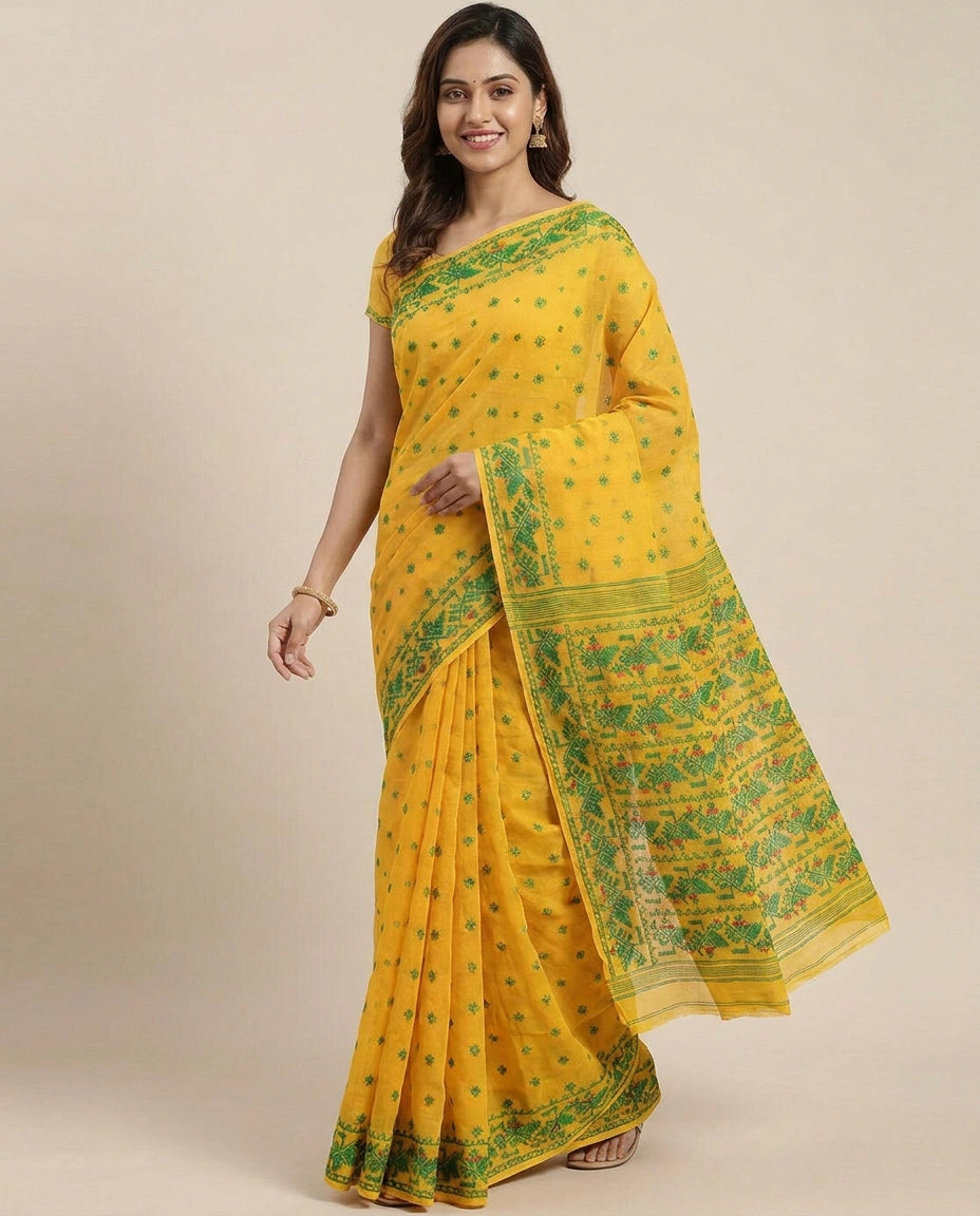 Cotton Embroidered Saree with Striped Pallu - Rangoli India