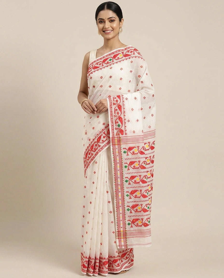 Cotton Embroidered Saree with Striped Pallu - Rangoli India