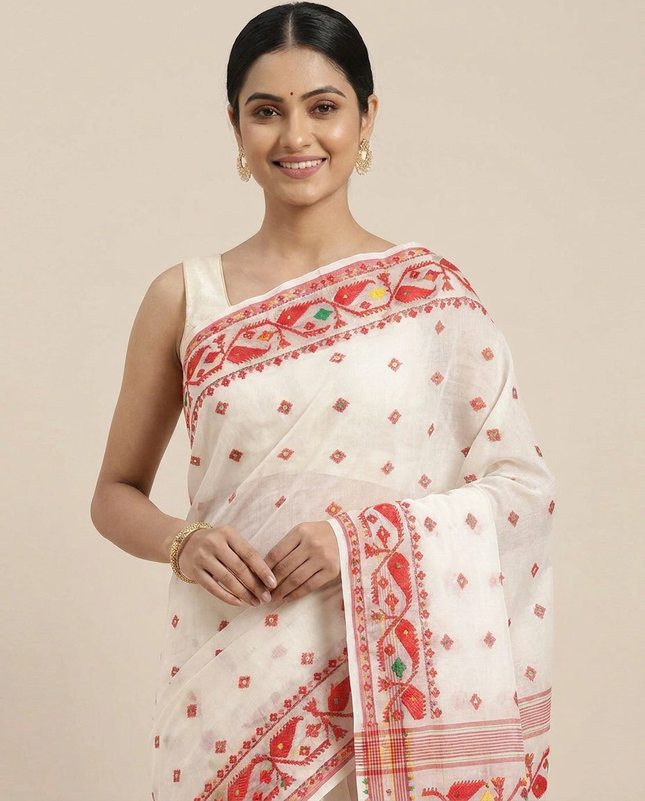 Cotton Embroidered Saree with Striped Pallu - Rangoli India