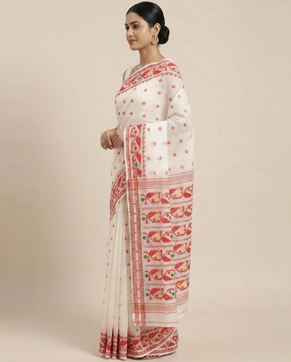 Cotton Embroidered Saree with Striped Pallu - Rangoli India