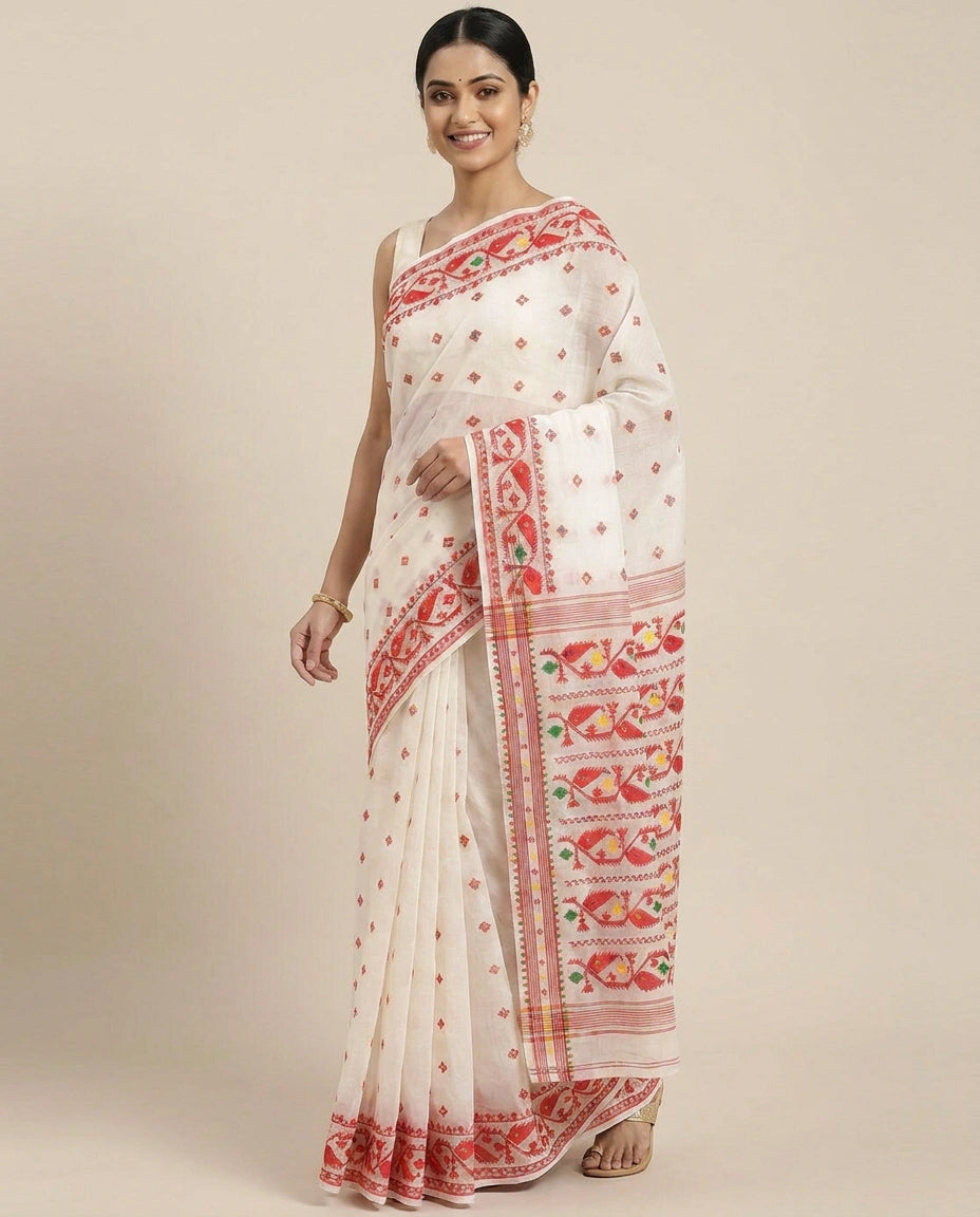 Cotton Embroidered Saree with Striped Pallu - Rangoli India