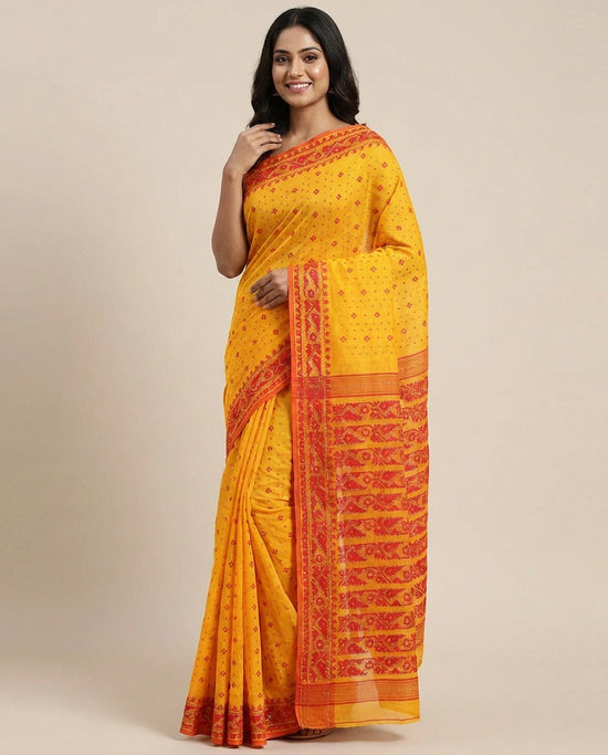Cotton Embroidered Saree with Striped Pallu - Rangoli India