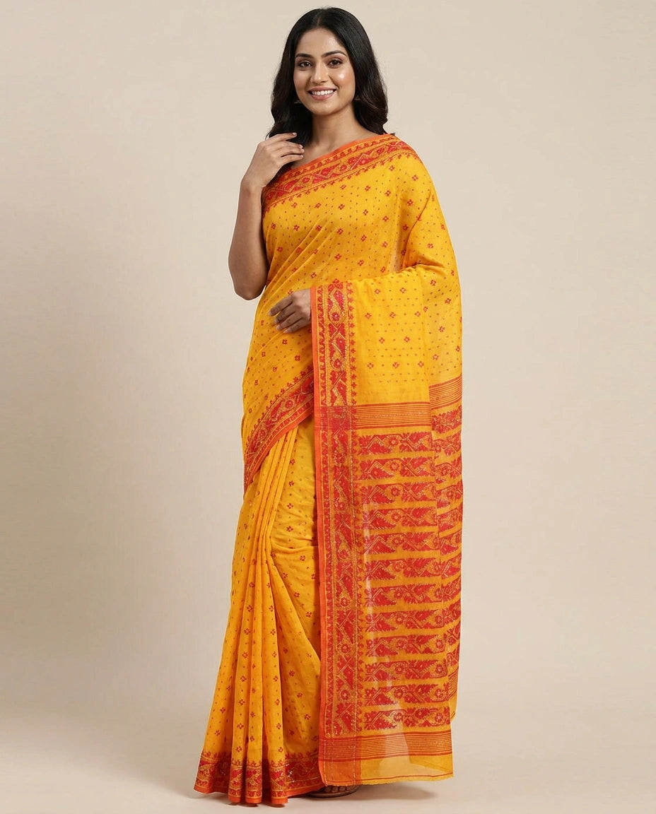Cotton Embroidered Saree with Striped Pallu - Rangoli India