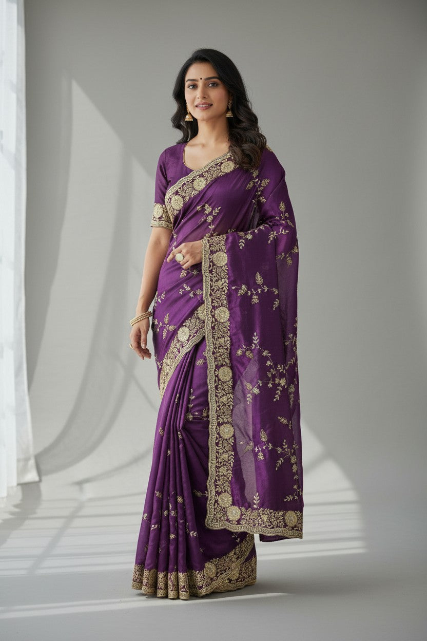 Handcrafted Satin Embroidery Saree - Rangoli Sarees