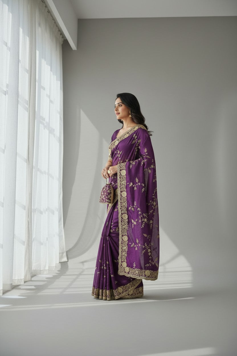 Handcrafted Satin Embroidery Saree - Rangoli Sarees