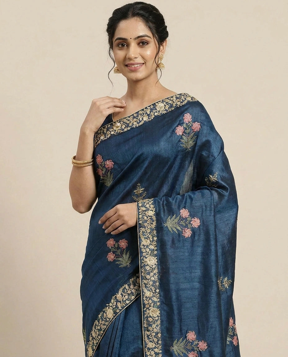 Tussar Silk Saree with Embroidered Border - Rangoli India