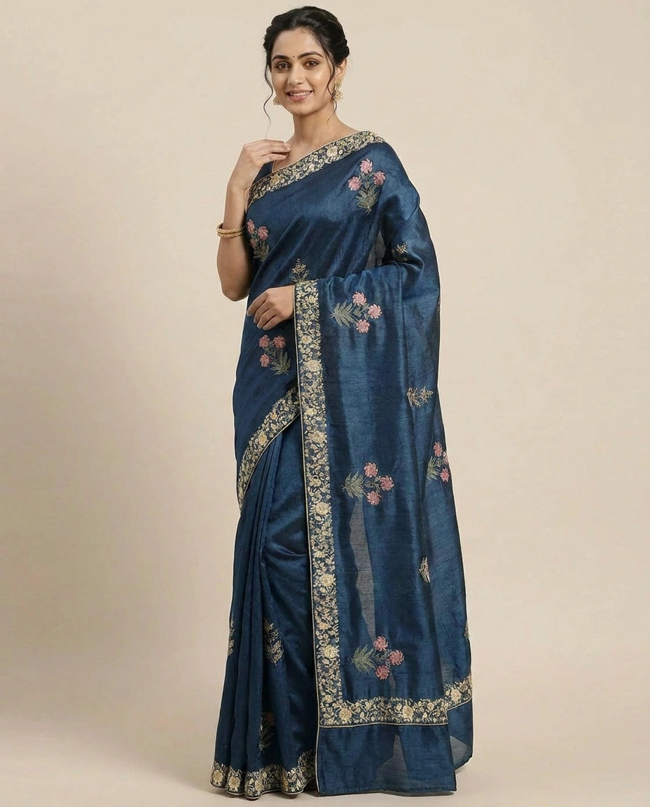 Tussar Silk Saree with Embroidered Border - Rangoli India