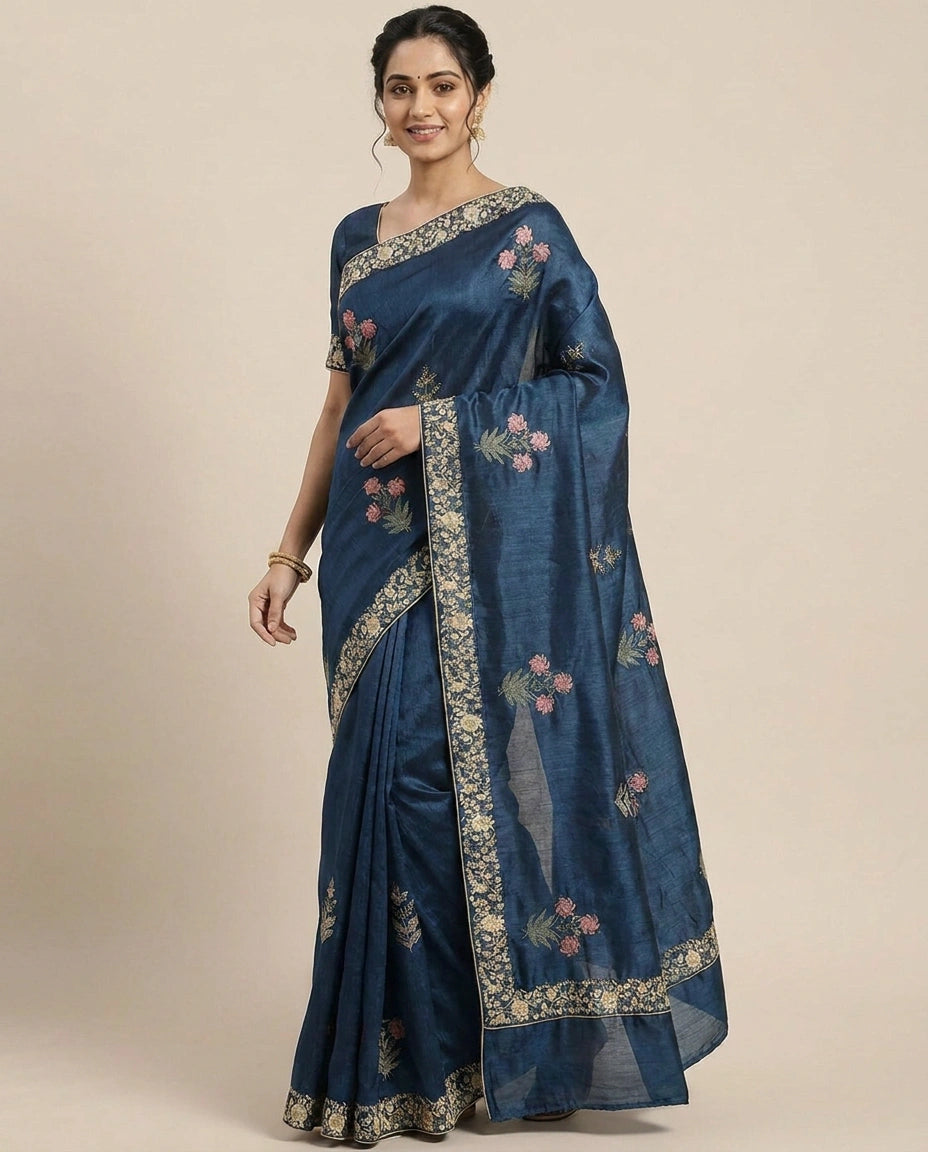 Tussar Silk Saree with Embroidered Border - Rangoli India