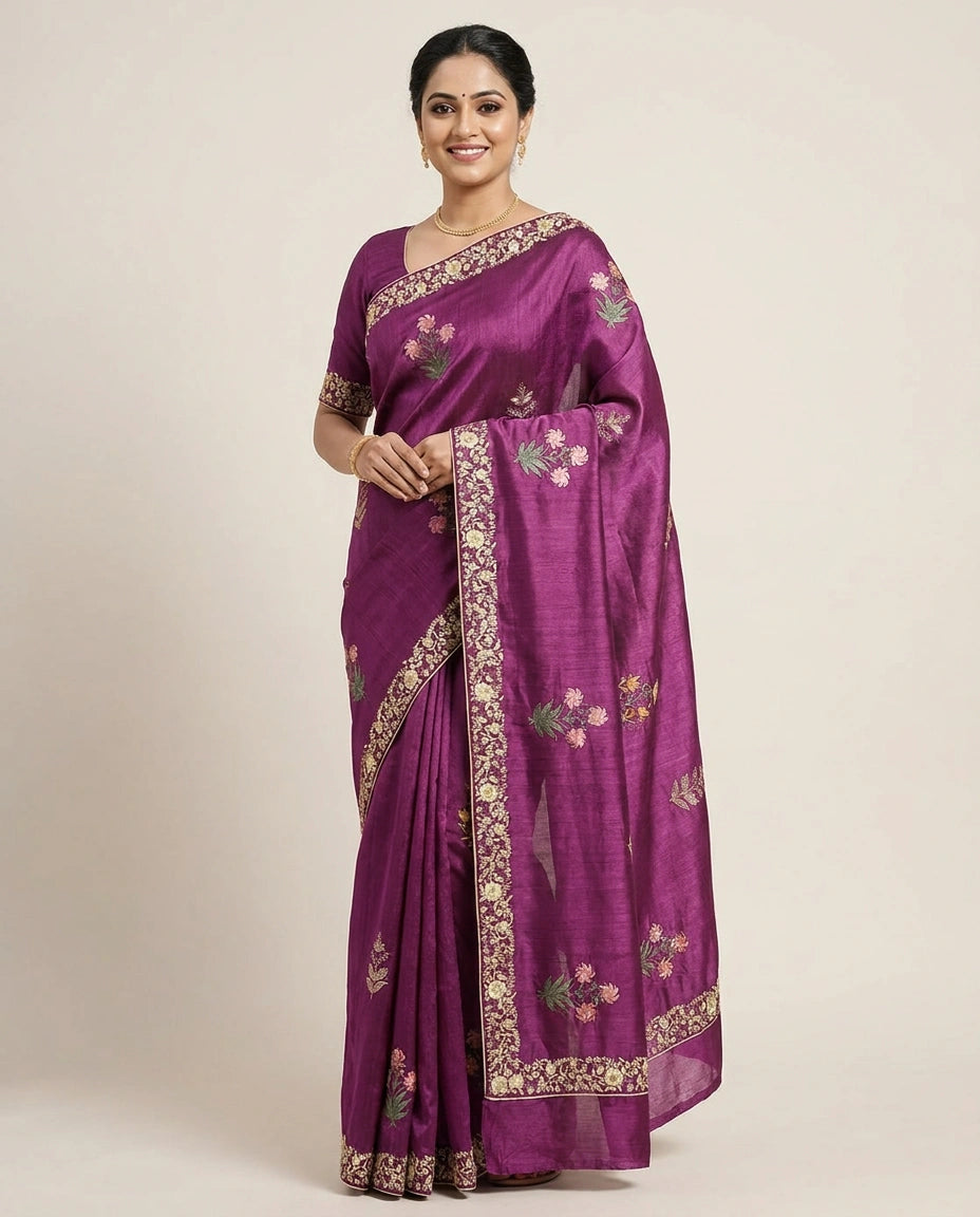 Tussar Silk Saree with Embroidered Border - Rangoli India