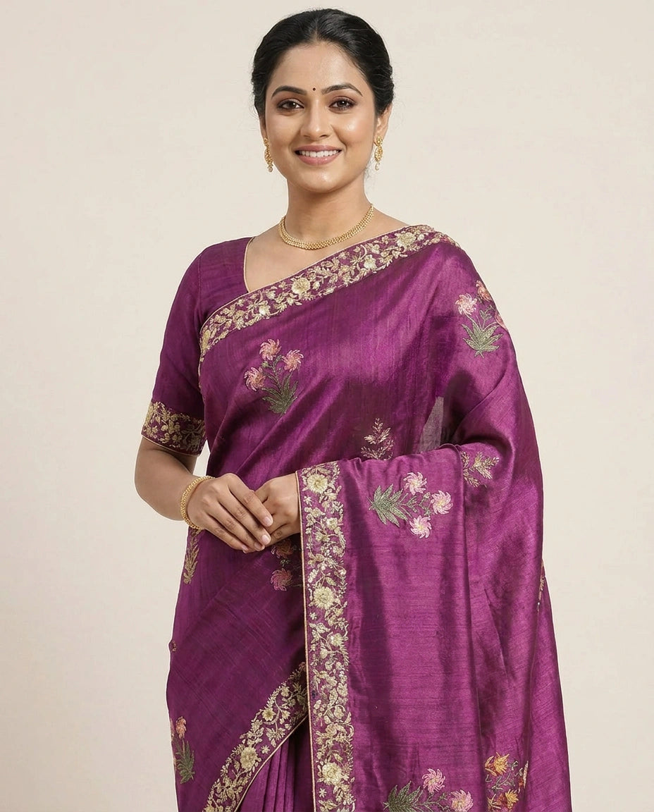 Tussar Silk Saree with Embroidered Border - Rangoli India