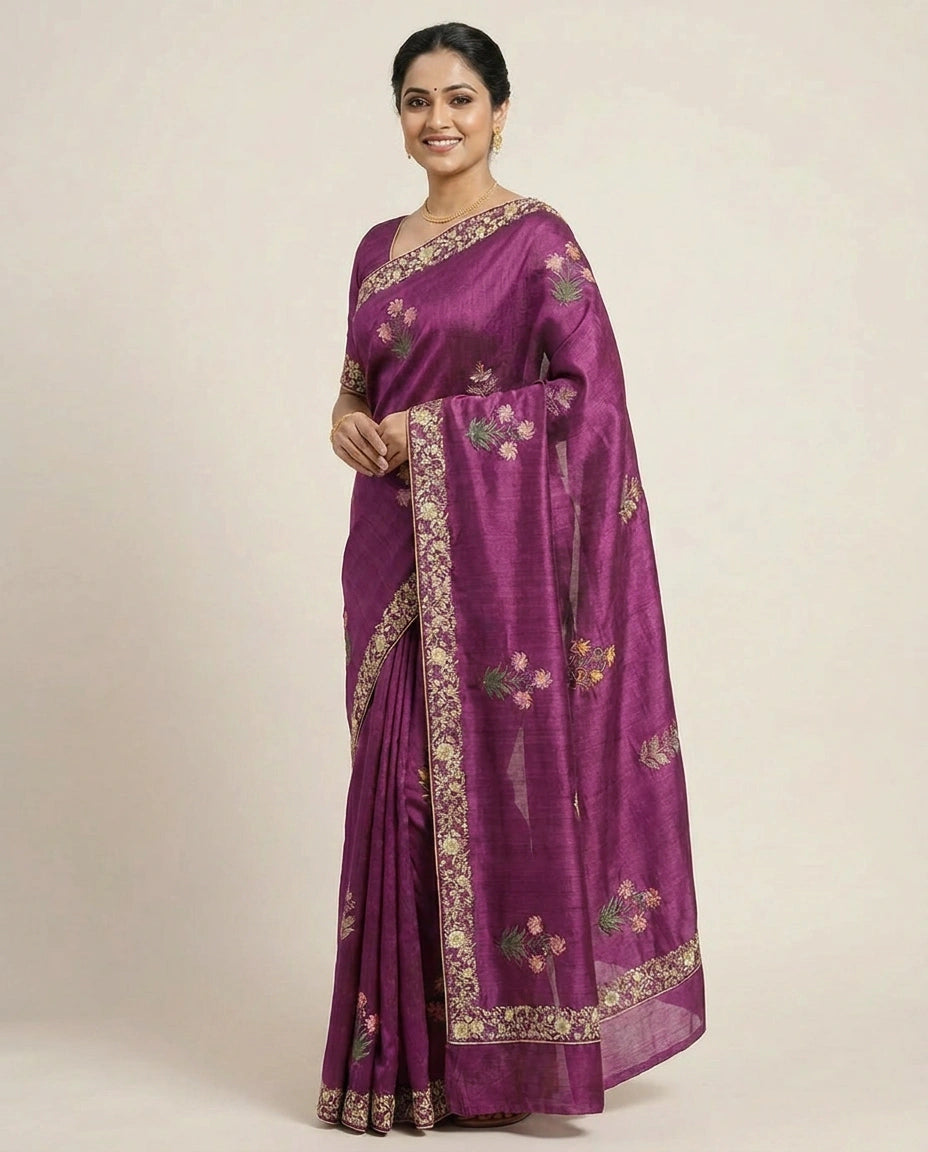 Tussar Silk Saree with Embroidered Border - Rangoli India