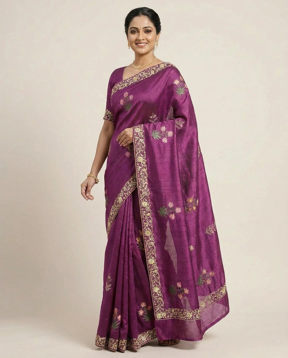 Tussar Silk Saree with Embroidered Border - Rangoli India