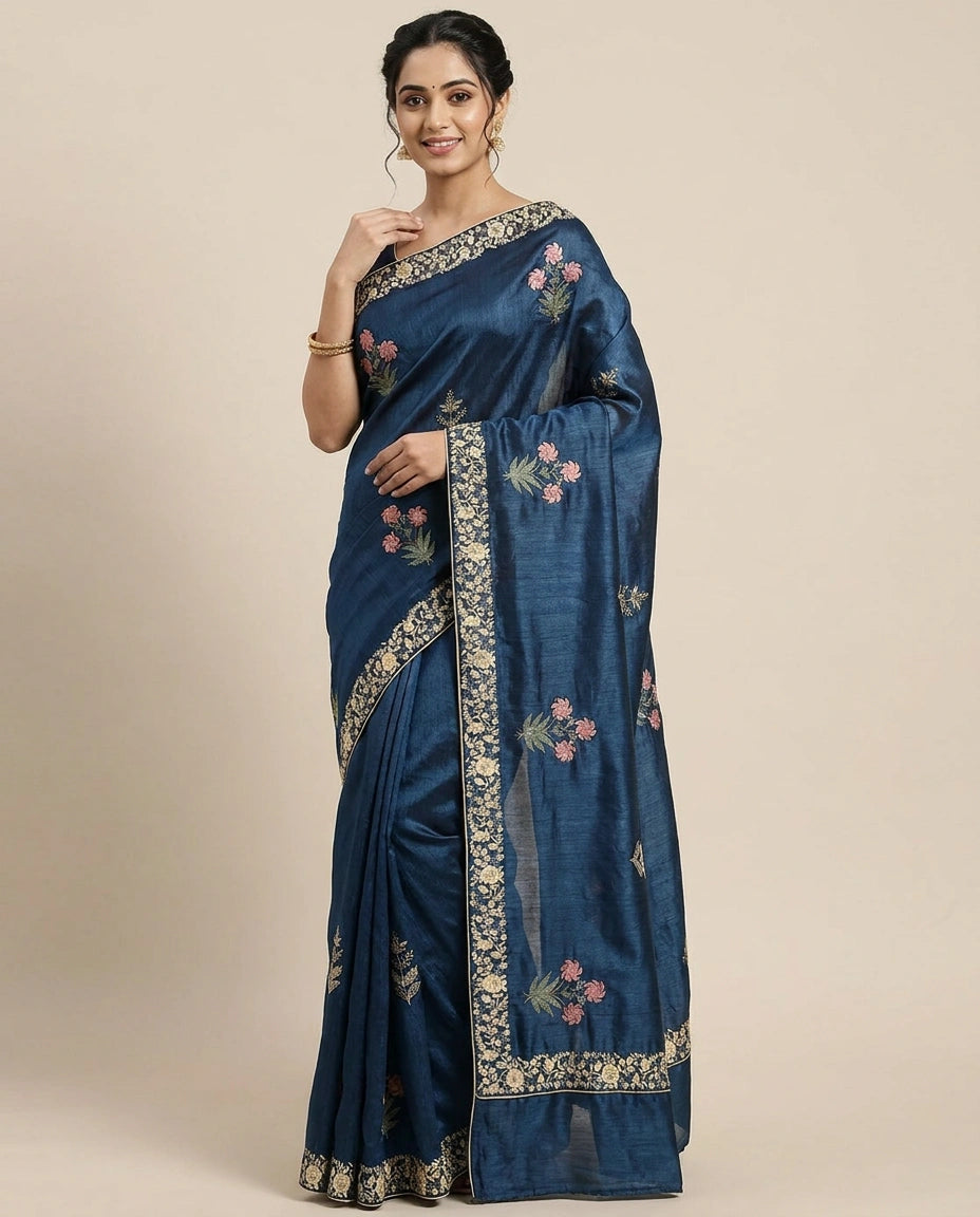 Tussar Silk Saree with Embroidered Border - Rangoli India
