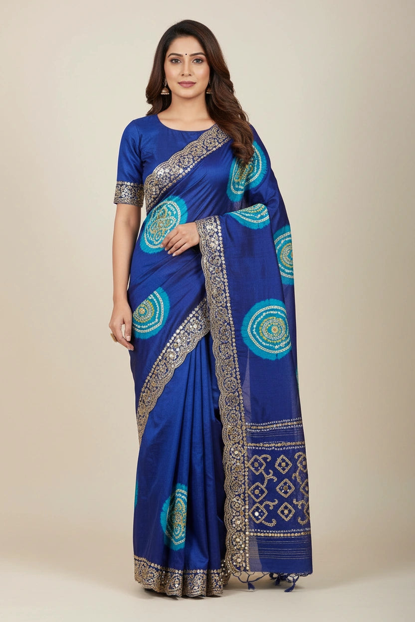 Bandhej Bandej Satin Saree with Embroidery Work