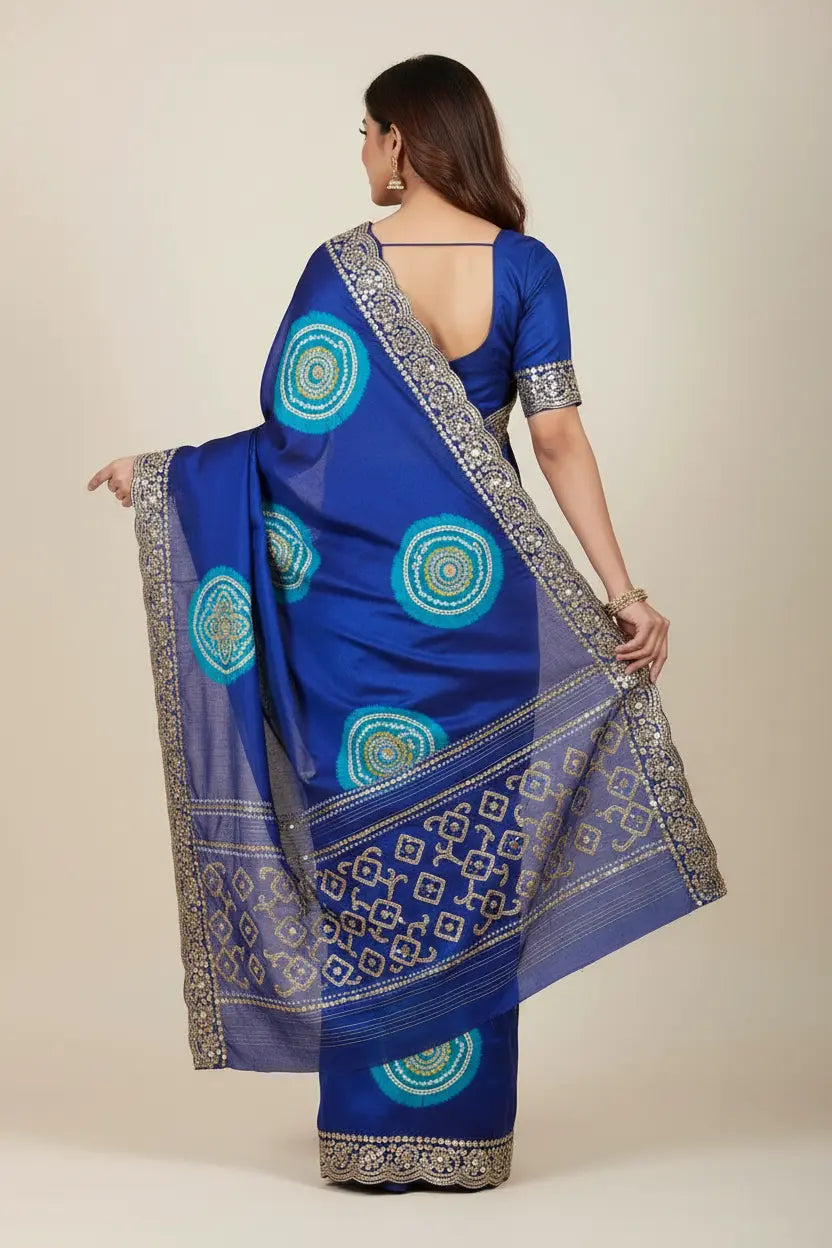 Woman wearing a blue saree with intricate patterns on a beige background