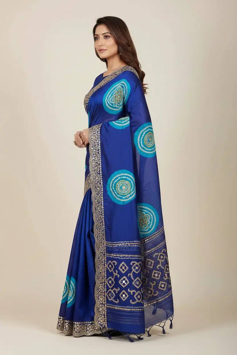 Woman wearing a blue saree with intricate patterns on a beige background