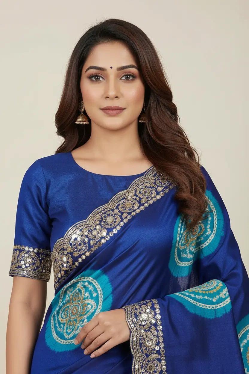 Woman wearing a blue saree with intricate designs on a beige background