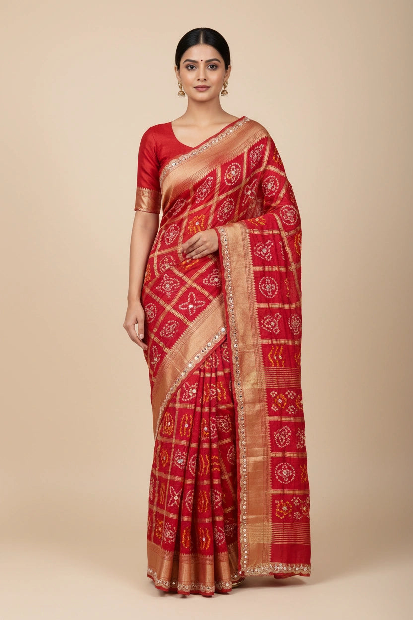 Bandhej Bandej Satin Saree with Embroidery Work