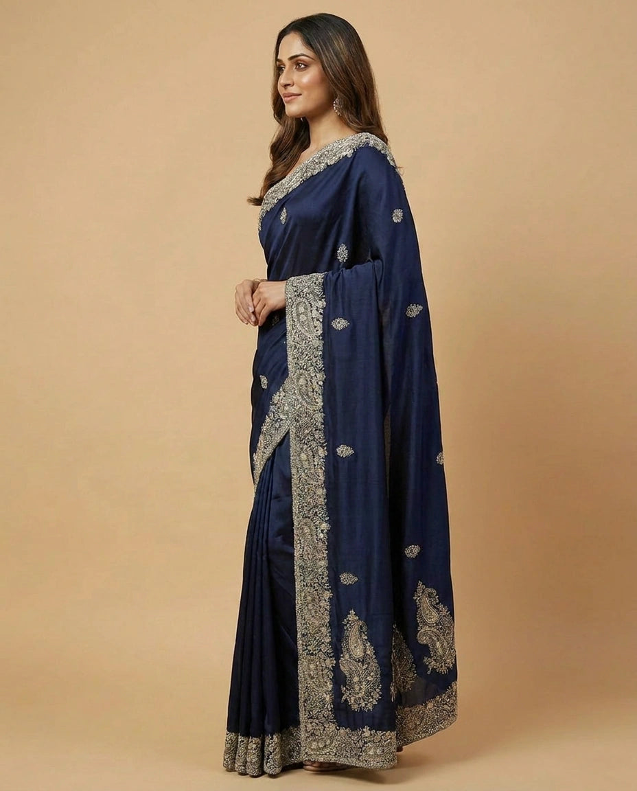 Satin Designer Saree with Hand Embroidered Pallu Online India - Rangoli India