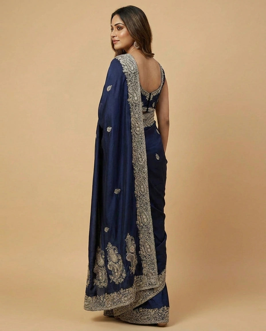 Satin Designer Saree with Hand Embroidered Pallu Online India - Rangoli India