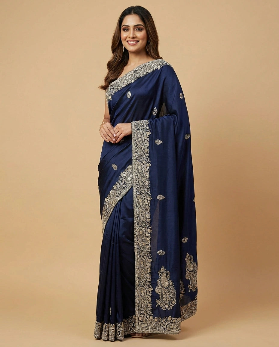 Satin Designer Saree with Hand Embroidered Pallu Online India - Rangoli India