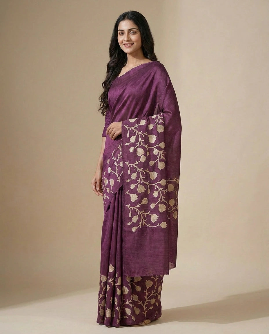 Kota Doria Saree with Ethnic Floral Hand Embroidery Work view 2