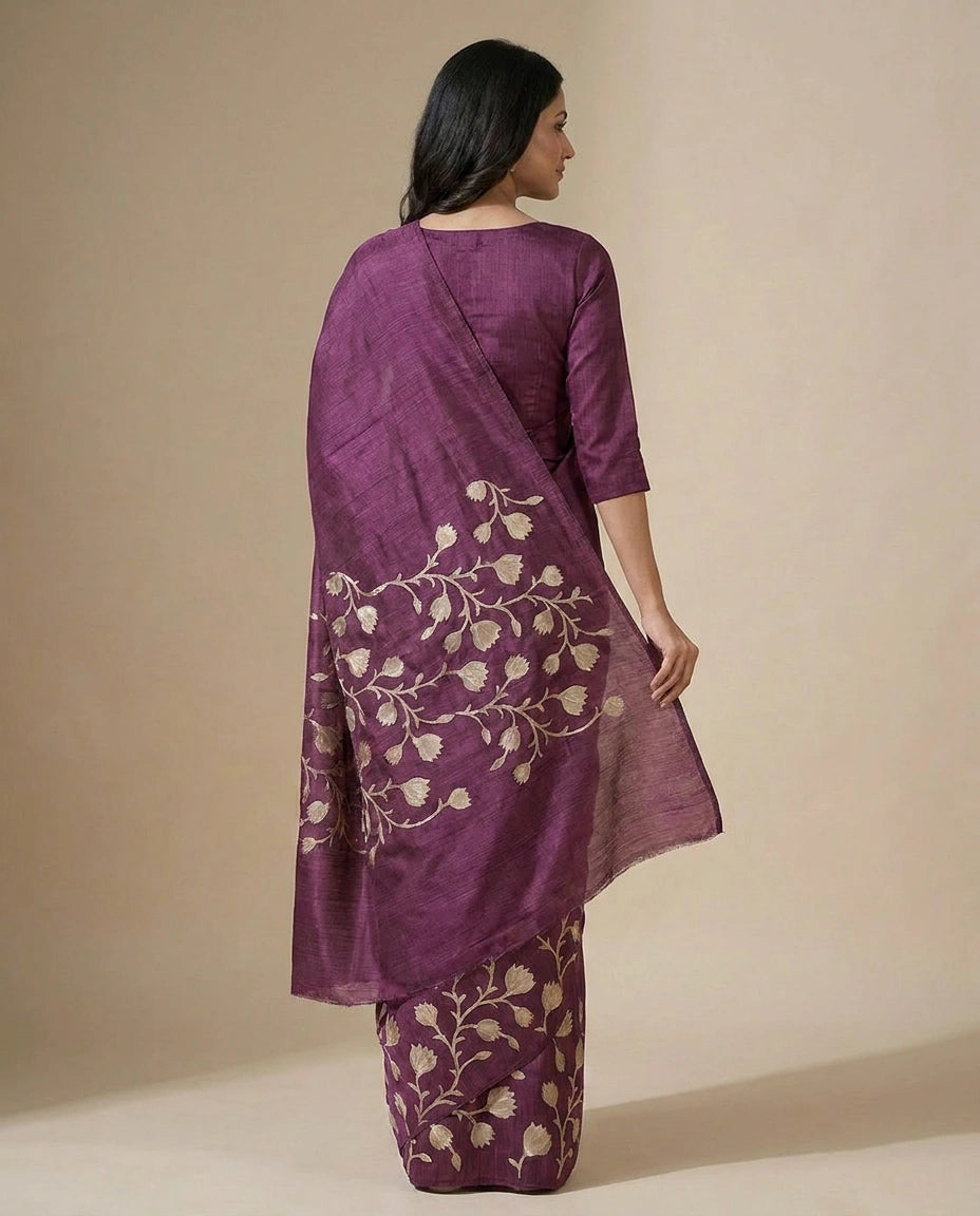 Kota Doria Saree with Ethnic Floral Hand Embroidery Work view 4