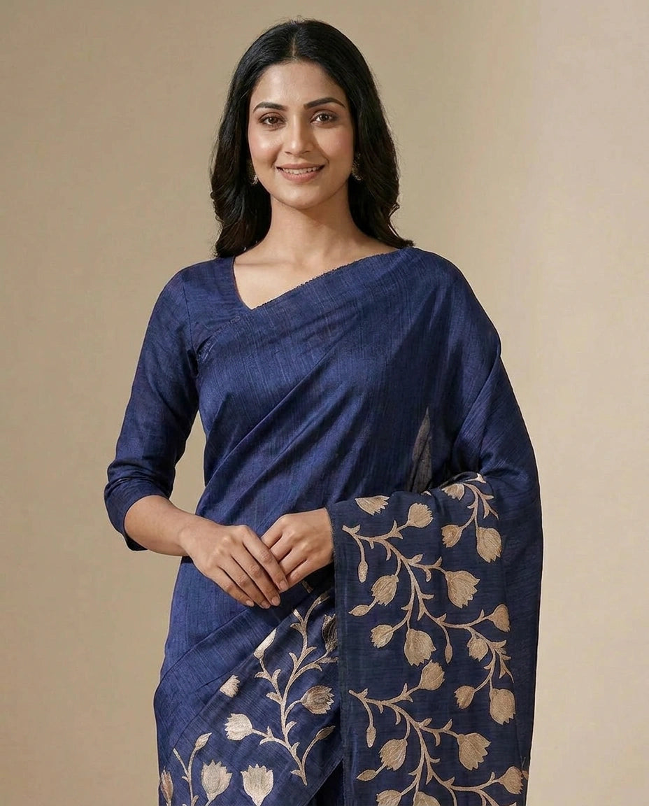 Navy Kota Doria Saree with Ethnic Floral Hand Embroidery Work - Rangoli India