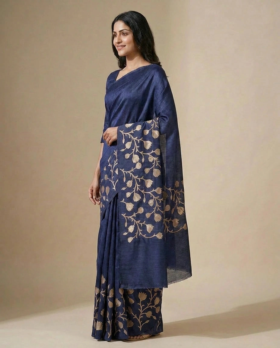 Navy Kota Doria Saree with Ethnic Floral Hand Embroidery Work - Rangoli India